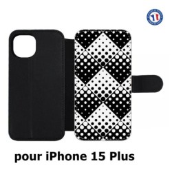 Etui cuir pour iPhone 15 Plus - motif géométrique pattern noir et blanc - ronds carrés noirs blancs