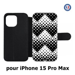 Etui cuir pour iPhone 15 Pro Max - motif géométrique pattern noir et blanc - ronds carrés noirs blancs