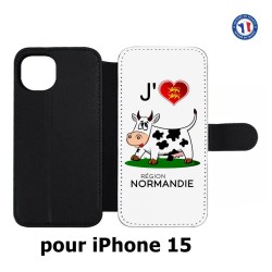 Etui cuir pour iPhone 15 - J'aime la Normandie - vache normande