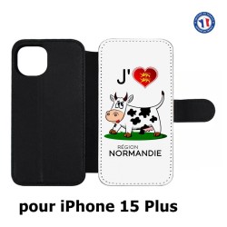 Etui cuir pour iPhone 15 Plus - J'aime la Normandie - vache normande