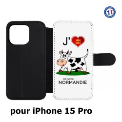 Etui cuir pour iPhone 15 Pro - J'aime la Normandie - vache normande