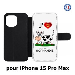 Etui cuir pour iPhone 15 Pro Max - J'aime la Normandie - vache normande