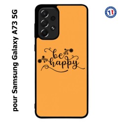 Coque pour Samsung Galaxy A73 5G Be Happy sur fond orange - Soyez heureux - Sois heureuse - citation