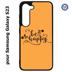 Coque pour Samsung Galaxy S23 Be Happy sur fond orange - Soyez heureux - Sois heureuse - citation