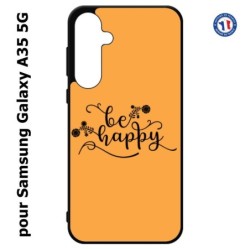 Coque pour Samsung Galaxy A35-5G - Be Happy sur fond orange - Soyez heureux - Sois heureuse - citation