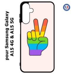 Coque pour Samsung Galaxy A15-4G & A15-5G - Rainbow Peace LGBT - couleur arc en ciel Main Victoire Paix LGBT