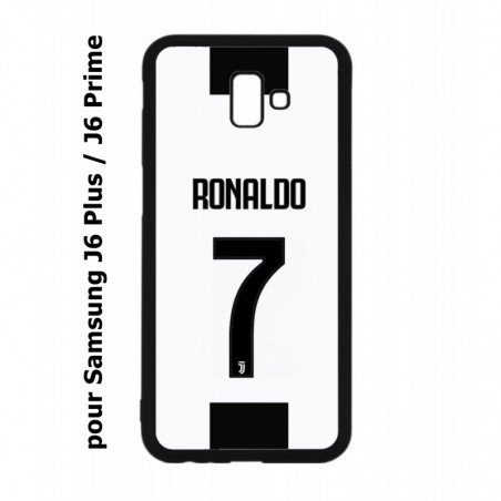 Coque noire pour Samsung Galaxy J6 Plus / J6 Prime Cristiano CR 7 Ronaldo Foot Turin numéro 7 fond blanc