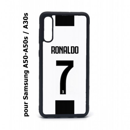 Coque noire pour Samsung Galaxy A50 A50S et A30S Cristiano CR 7 Ronaldo Foot Turin numéro 7 fond blanc