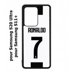 Coque noire pour Samsung Galaxy S20 Ultra / S11+ Cristiano CR 7 Ronaldo Foot Turin numéro 7 fond blanc