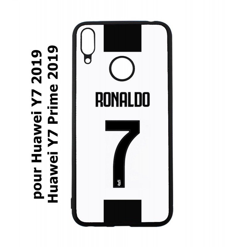 Coque noire pour Huawei Y7 2019 / Y7 Prime 2019 Cristiano CR 7 Ronaldo Foot Turin numéro 7 fond blanc