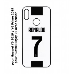 Coque noire pour Huawei Y6 2019 / Y6 Prime 2019 Cristiano CR 7 Ronaldo Foot Turin numéro 7 fond blanc