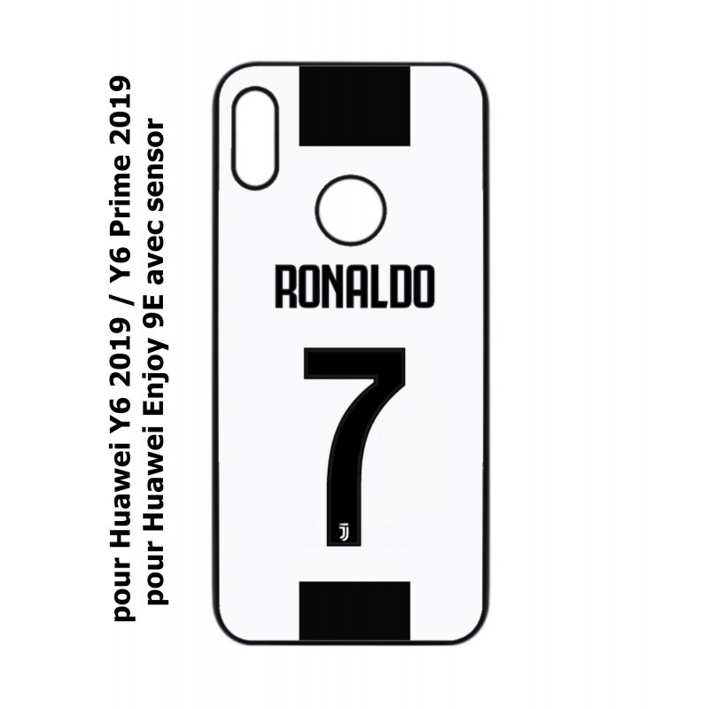 Coque noire pour Huawei Y6 2019 / Y6 Prime 2019 Cristiano CR 7 Ronaldo Foot Turin numéro 7 fond blanc