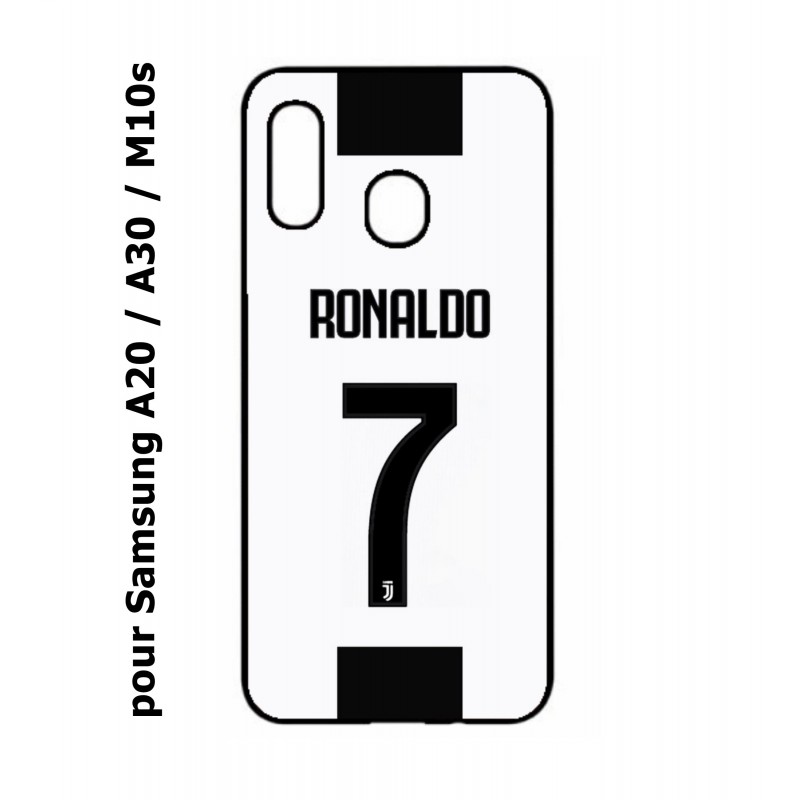 Coque noire pour Samsung Galaxy A20 / A30 / M10S Cristiano CR 7 Ronaldo Foot Turin numéro 7 fond blanc