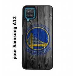 Coque noire pour Samsung Galaxy A12 Stephen Curry emblème Golden State Warriors Basket fond bois