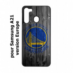 Coque noire pour Samsung Galaxy A21 Stephen Curry emblème Golden State Warriors Basket fond bois