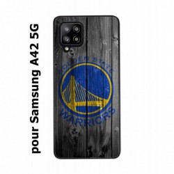 Coque noire pour Samsung Galaxy A42 5G Stephen Curry emblème Golden State Warriors Basket fond bois