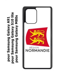 Coque noire pour Samsung Galaxy A91 Logo Normandie - Écusson Normandie - 2 léopards