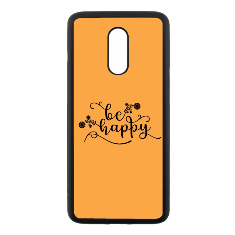 Coque noire pour OnePlus 7 Be Happy sur fond orange - Soyez heureux - Sois heureuse - citation