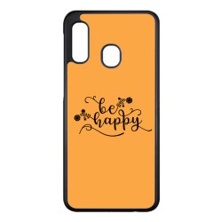 Coque noire pour Samsung Galaxy A22 - 4G Be Happy sur fond orange - Soyez heureux - Sois heureuse - citation