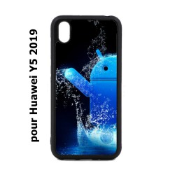 Coque noire pour Huawei Y5 2019 Bugdroid petit robot android bleu dans l'eau