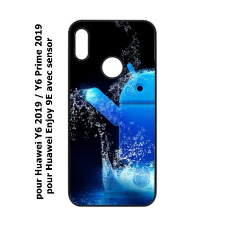Coque noire pour Huawei Y6 2019 / Y6 Prime 2019 Bugdroid petit robot android bleu dans l'eau