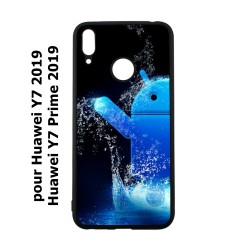 Coque noire pour Huawei Y7 2019 / Y7 Prime 2019 Bugdroid petit robot android bleu dans l'eau