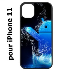 Coque noire pour Iphone 11 Bugdroid petit robot android bleu dans l'eau