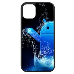 Coque noire pour Iphone 12 et 12 PRO Bugdroid petit robot android bleu dans l'eau