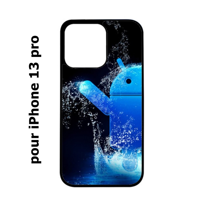 Coque noire pour iPhone 13 Pro Bugdroid petit robot android bleu dans l'eau