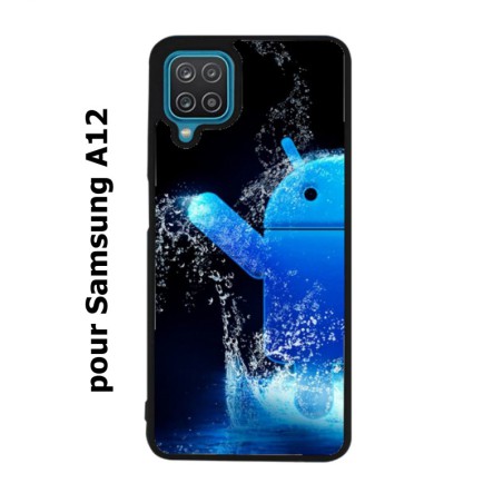 Coque noire pour Samsung Galaxy A12 Bugdroid petit robot android bleu dans l'eau