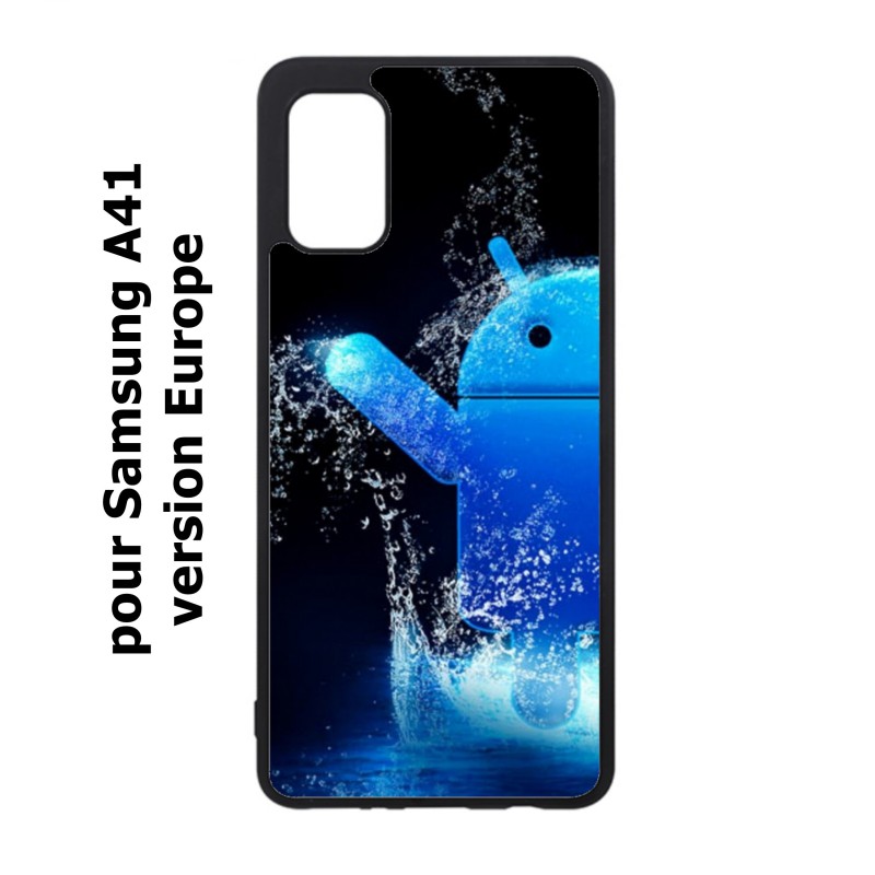 Coque noire pour Samsung Galaxy A41 Bugdroid petit robot android bleu dans l'eau