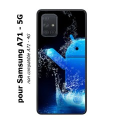 Coque noire pour Samsung Galaxy A71 - 5G Bugdroid petit robot android bleu dans l'eau