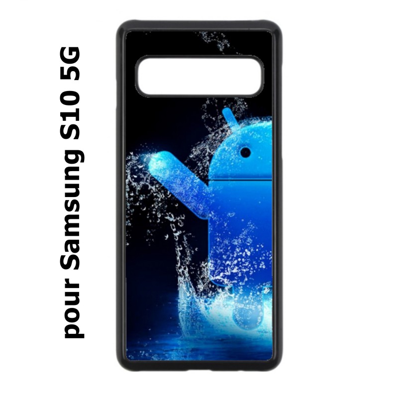 Coque noire pour Samsung Galaxy S10 5G Bugdroid petit robot android bleu dans l'eau