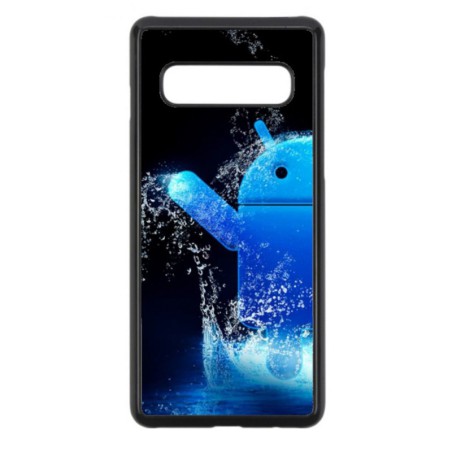 Coque noire pour Samsung Galaxy S10 Plus Bugdroid petit robot android bleu dans l'eau